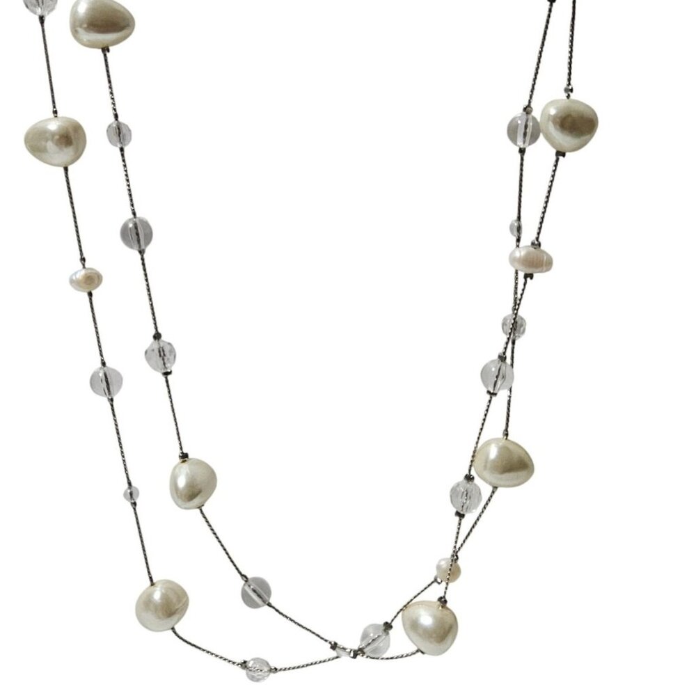 Elegant Long Faux Pearl Beaded Silver Tone Necklace Acrylic Beads Jewelry Women